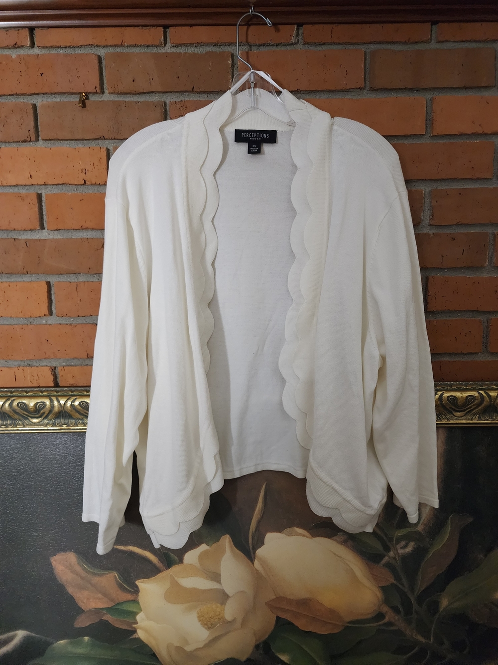 Perceptions Women's Cream Scalloped Open Cardigan Sweater 3x